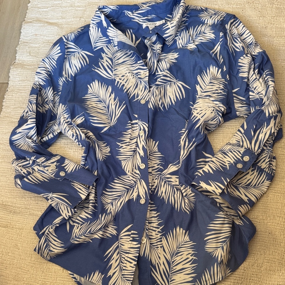Chicos Blue and White Palm Print Shirt - Picture 2 of 6